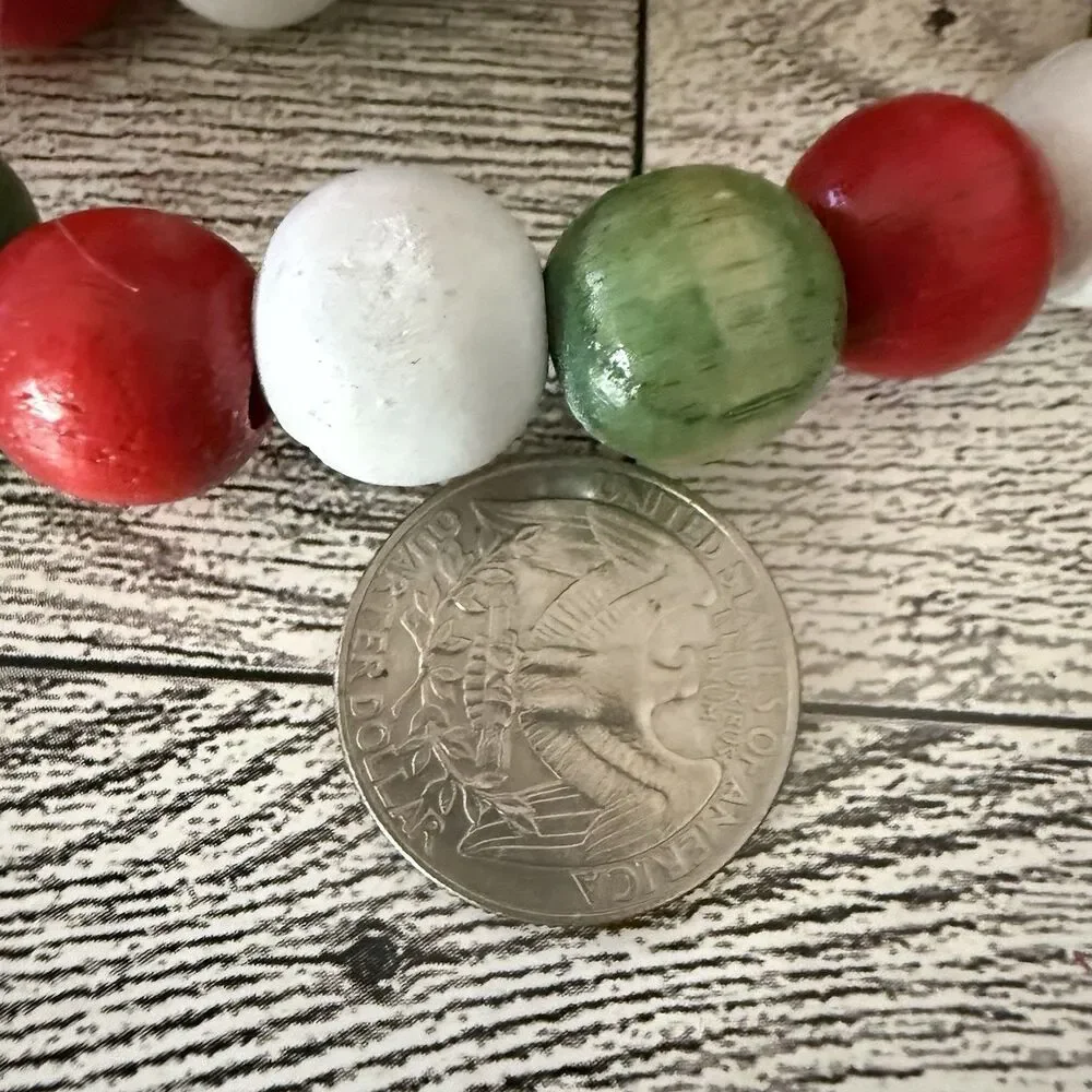 Vintage 9 ft WOODEN BEAD Christmas Tree Garland Strands Red Green White LOT OF 2